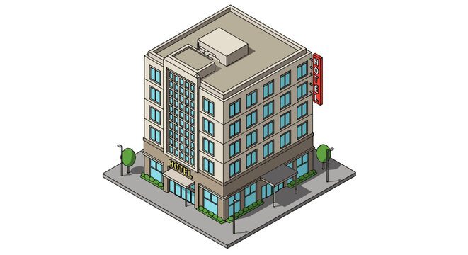 Isometric urban hotel vector illustration for architectural and design projects