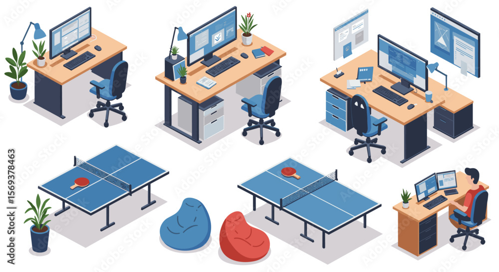 Poster isometric vector illustration of modern office workspace with desk setup and recreational area for d