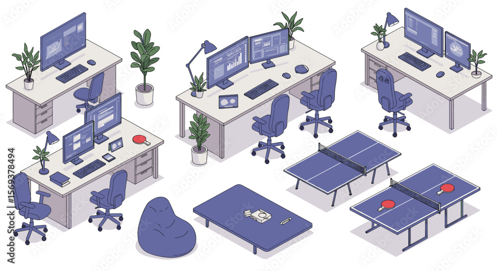 Poster modern office workspace with computer desks and ping pong tables vector illustration for design and 