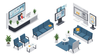 Obraz premium Modern office waiting area vector illustration with isometric design for use in interior decor projects