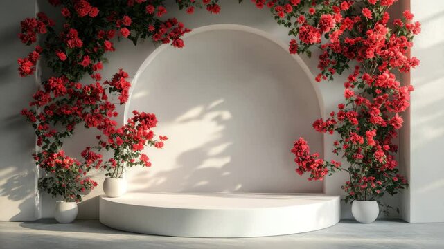 White round stage with arch backdrop featuring vibrant red roses and flowers in white pots, sunlight casting soft shadows, romantic and elegant atmosphere for wedding or event decoration