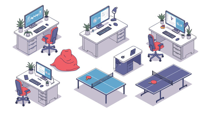 Isometric office workspace with computer desks and ping pong table vector illustration for design projects
