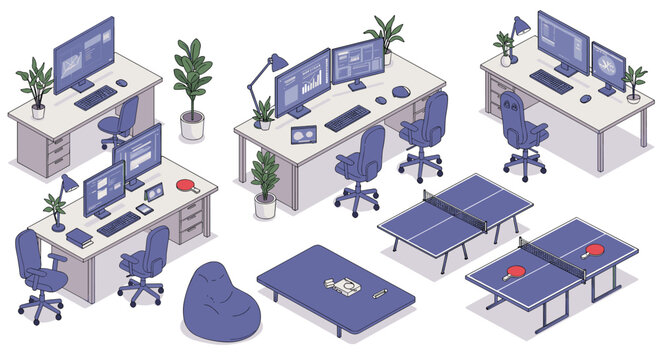 Modern office workspace with computer desks and ping pong tables vector illustration for design and decoration