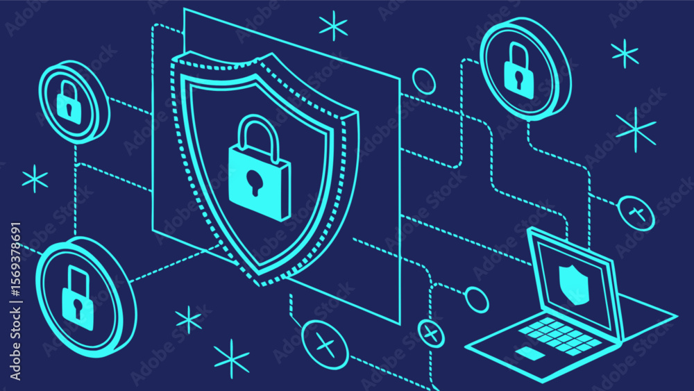 Fototapete Cybersecurity network protection with shield and lock for data privacy and security technology concept design