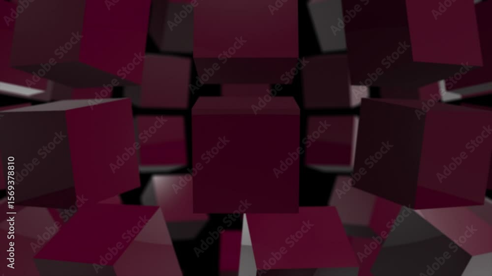 Poster magenta red color 3d shiny cubes rotating and forming 3d sphere advanced loop able geometrical black