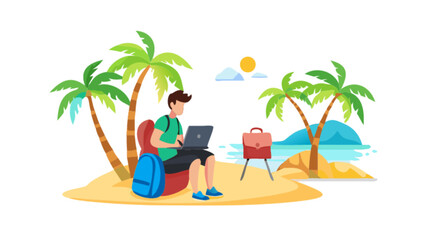 Digital nomad working remotely on tropical beach island laptop freelance lifestyle travel vacation job concept