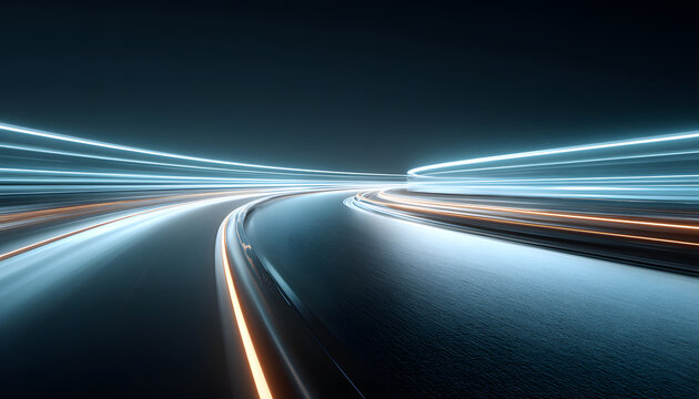 Futuristic design of highway road with blue gradient. Dynamic lines suggest fast movement in modern tech digital world. Minimalist style, high-resolution abstract illustration.