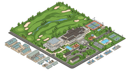 Isometric vector illustration of luxury country club with golf course, tennis courts, and pool facilities
