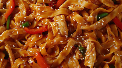 stir-fried flat rice noodles with chicken, vegetables, and sesame seeds, macro and full-frame texture shot, close-up texture, top view