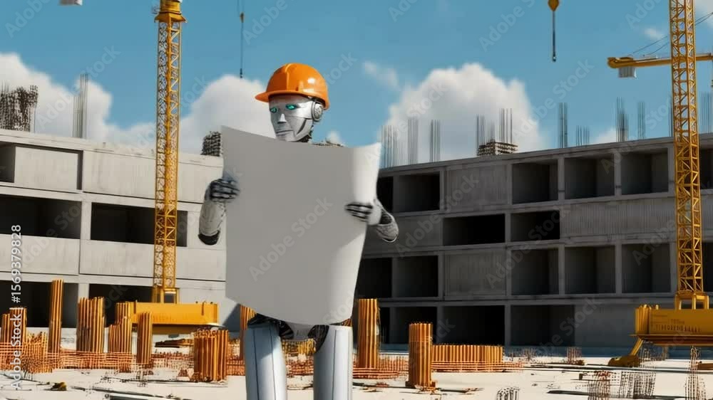 Poster a robot engineer wearing a helmet reviews a blueprint on a construction site with cranes in the back