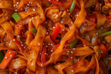 stir-fried flat rice noodles with chicken, vegetables, and sesame seeds, macro and full-frame texture shot, close-up texture, top view