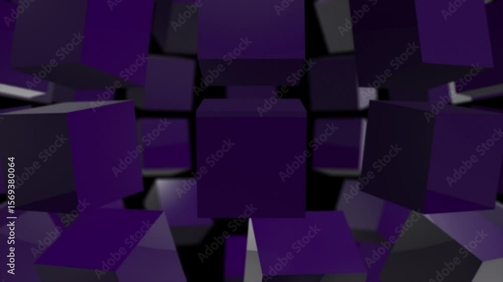 Poster purple color 3d shiny cubes rotating and forming 3d sphere advanced loop able geometrical black back