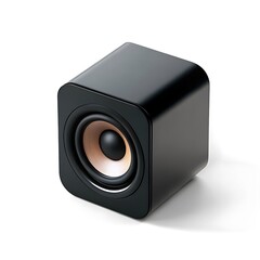 Modern black cube speaker with wood cone detail isolated on white background