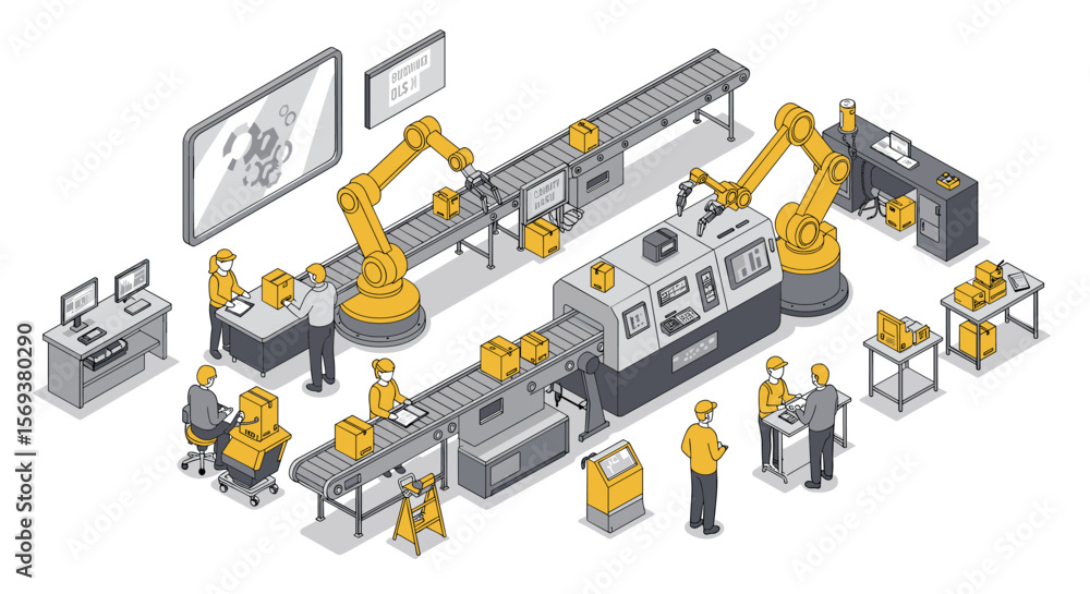 Aufkleber isometric vector illustration of automated factory with robotic assembly line for manufacturing and 