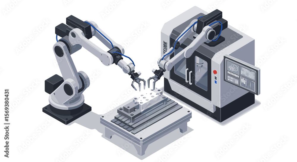 Poster futuristic industrial automation vector illustration - robotic arms and cnc machine in isometric sty