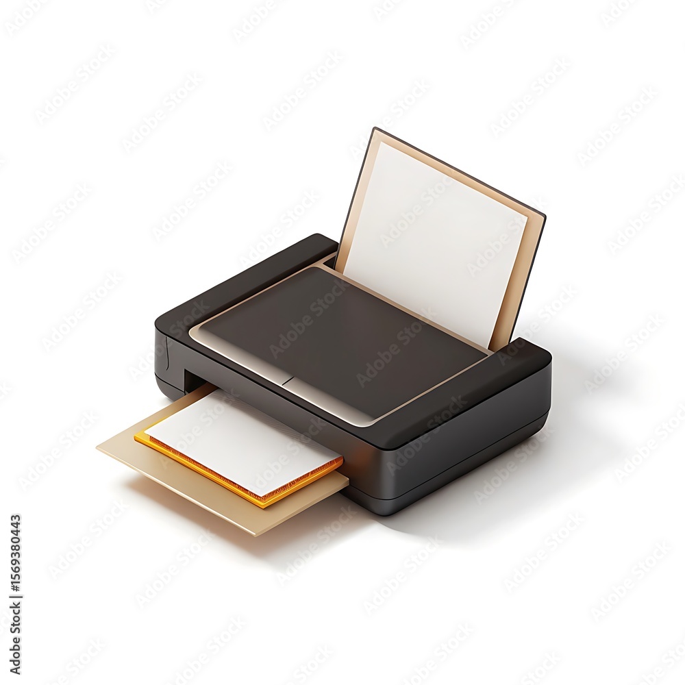 Poster modern compact printer with paper output and input trays isolated on white background