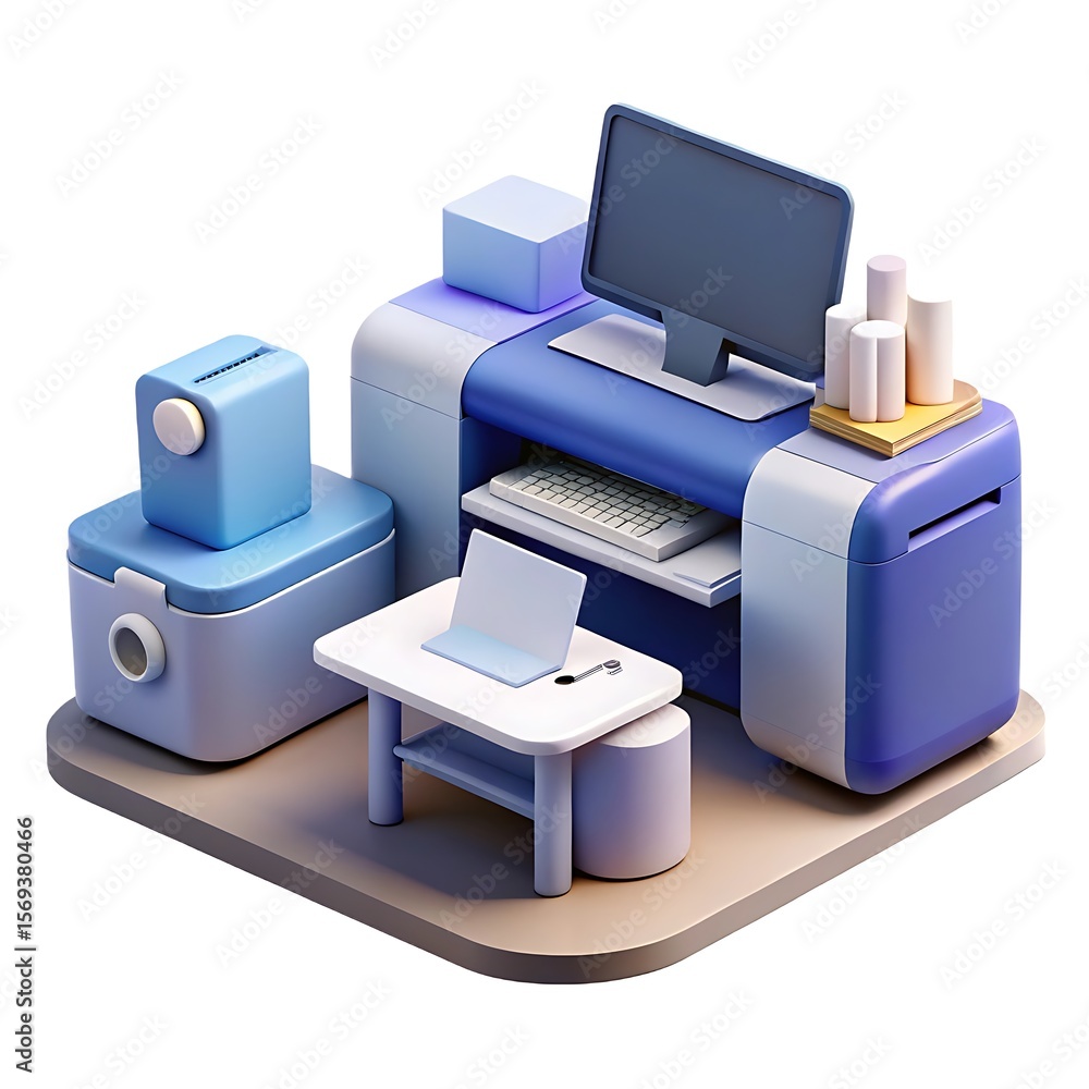 Poster modern isometric office setup with computer and desk accessories isolated on white background