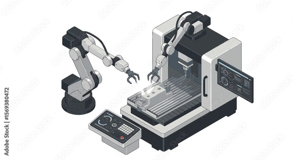 Aufkleber isometric vector illustration of industrial robot arm with cnc machine for manufacturing automation 