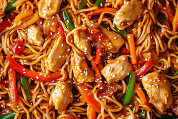 stir-fried noodles with chicken, vegetables, and sesame seeds, macro and full-frame texture shot, close-up texture, top view