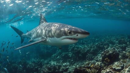 Fototapeta premium A powerful predatory shark swims through the deep, mysterious waters of oceans and seas, symbolizing strength, danger, survival, marine life, fear, and the untamed force of nature beneath the surface