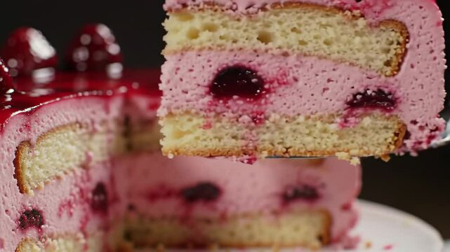  Cherry cake slice, pink and red colors, sweet dessert