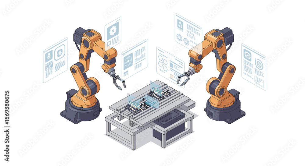 Poster futuristic robotics assembly line vector illustration in isometric style for technology design