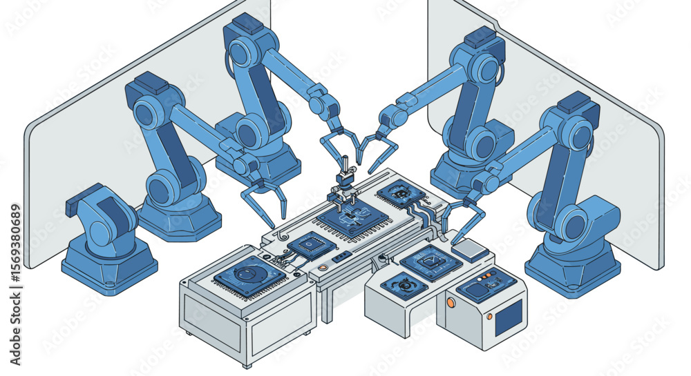 Poster isometric robotics assembly line vector illustration for automation and manufacturing design