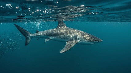 Obraz premium A powerful predatory shark swims through the deep, mysterious waters of oceans and seas, symbolizing strength, danger, survival, marine life, fear, and the untamed force of nature beneath the surface