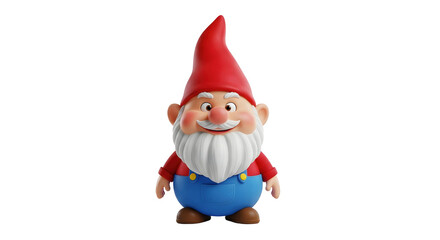Male cartoon garden gnome illustration with red hat and blue overalls. Happy fantasy character. Christmas and holiday decor element on transparent background.