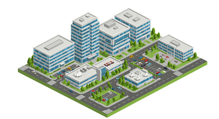 Isometric vector illustration of modern office buildings with parking and green spaces - ideal for urban design and architectural projects
