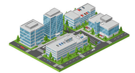 Isometric cityscape vector illustration of urban office buildings and streets for design projects