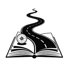 Open book transforming into a winding road with a compass, symbolizing a journey of knowledge, black and white vector illustration