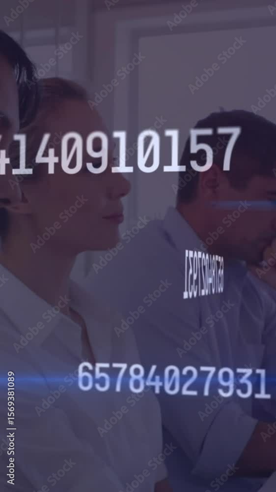 Poster animation of data processing over diverse business people working in office