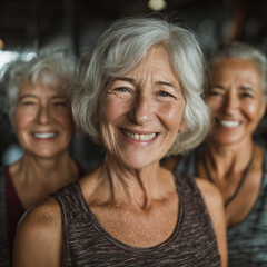 Three women are smiling and posing for a photo. They are all older women and appear to be happy