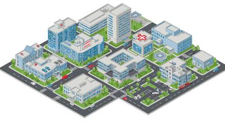Obraz premium Isometric urban hospital complex vector illustration: design for healthcare and medical facilities