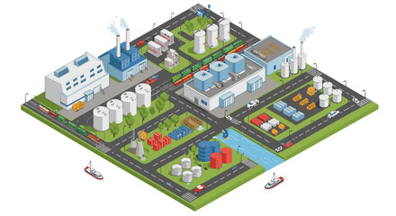 Isometric vector illustration of an industrial factory complex with roads and shipping