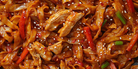 stir-fried flat rice noodles with chicken, vegetables, and sesame seeds, macro and full-frame texture shot, close-up texture, top view