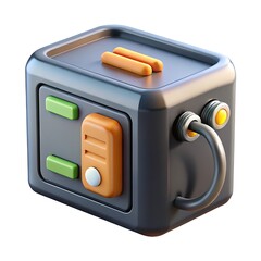 Stylized 3d render of a futuristic toaster with orange levers and green buttons isolated on white background