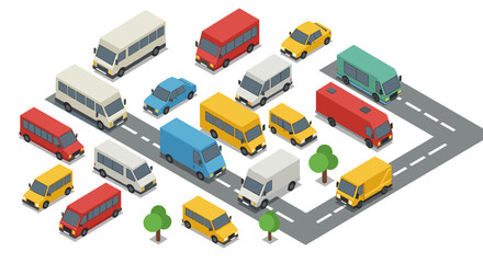 Isometric vector illustration of various vehicles on city roads - ideal for traffic or urban design projects