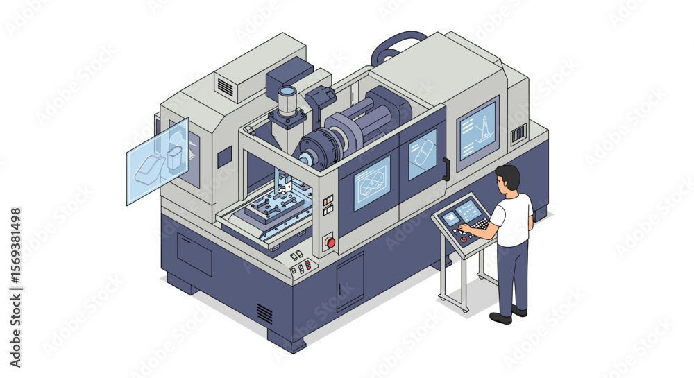 Poster isometric vector illustration of cnc machine operation with engineer for industrial design