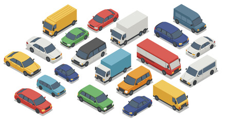 Fototapeta premium Isometric vector illustration of diverse vehicles set for urban and transport design