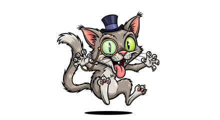 Funny gray cat character in top hat and monocle jumping, with tongue out and claws extended, on transparent background.