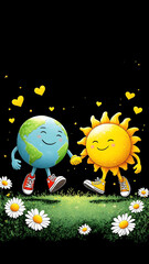 A charming illustration depicts the Earth and a sun character holding hands, smiling and wearing sneakers, standing in a field of daisies under a dark sky with floating hearts