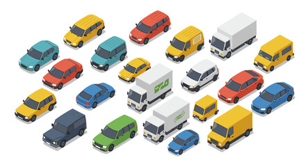 Isometric vector illustration of urban vehicles set for transportation design use