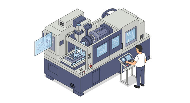 Isometric vector illustration of cnc machine operation with engineer for industrial design
