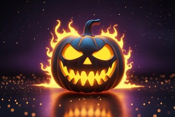 Fiery Glowing Jack-o'-Lantern with Flames and Starry Halloween Background