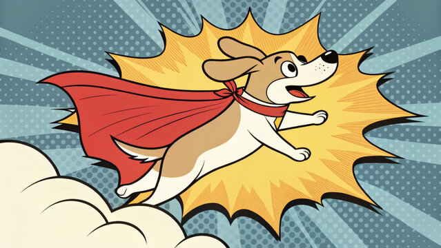 Pop Art Dog with Flying Cape Like a Superhero in Comic Explosion
