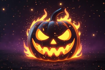 Fiery Glowing Jack-o'-Lantern with Flames and Starry Halloween Background