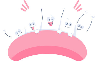 Cute friendly teeth gang on gums illustration cartoon design. Dental care concept.