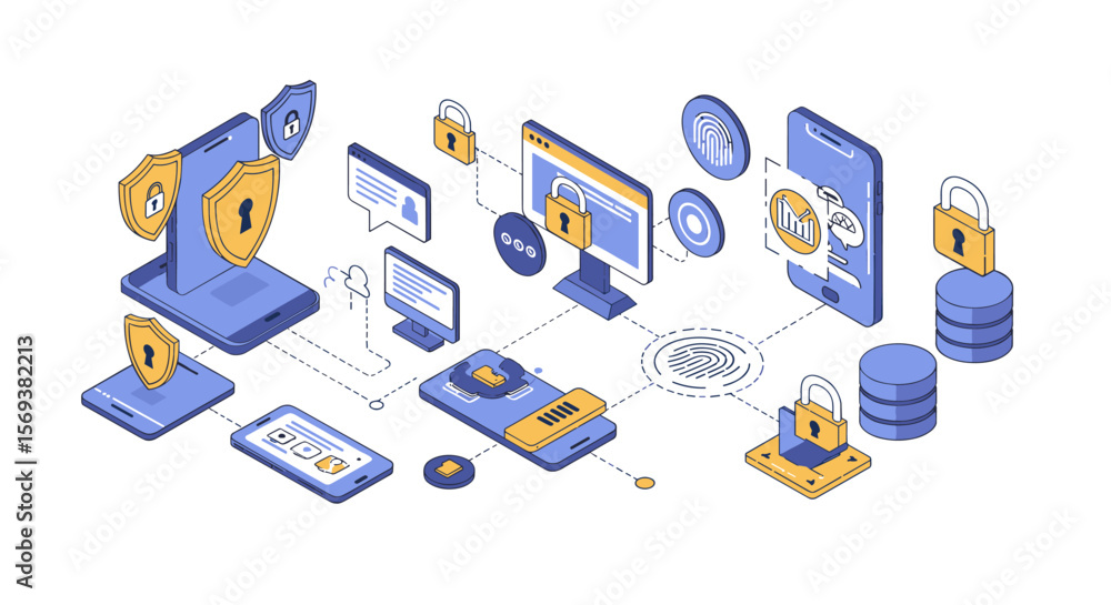 Poster cybersecurity technology and data protection isometric vector illustration for digital security desi